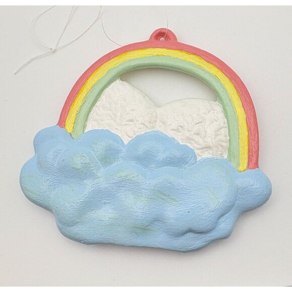 Vintage Baby Lambs Christmas Ornament Sitting Clouds Under Rainbow Hand Painted - Picture 2 of 6